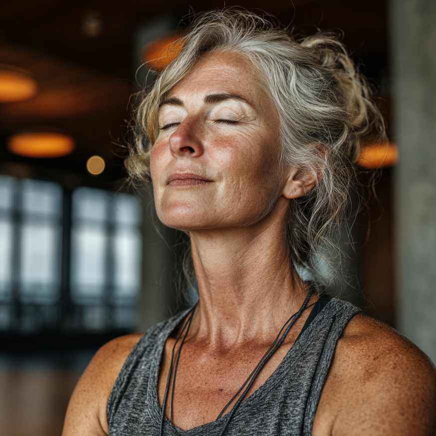 Група літніх людей займається йогою